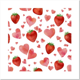 Hearts and strawberries watercolor romantic pattern. Sweet valentine print. Posters and Art